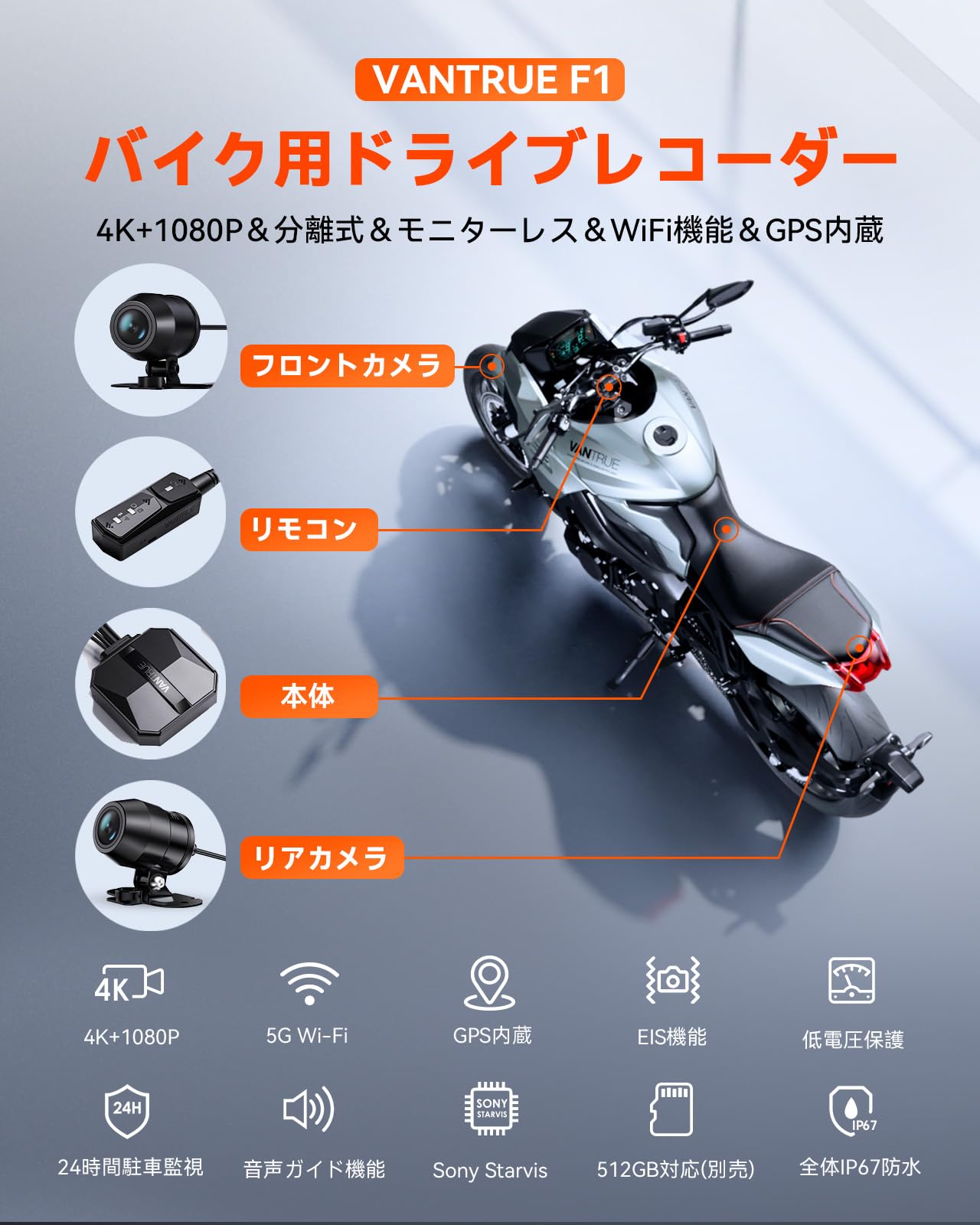 VANTRUE F1 バイク ドライブレコーダー 前後カメラ 4K+1080P WiFi GPS内蔵